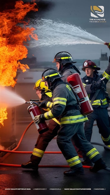 Firemen using extinguisher and water from hose for fire fighting at firefight training