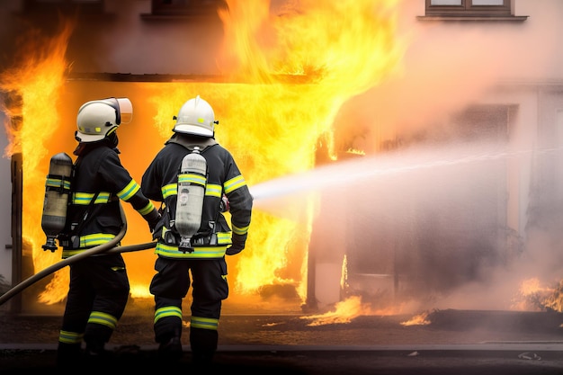 Firemen using a hose to extinguish a fire