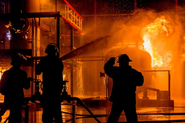 Firemen using water from hose for fire fighting at firefight training of insurance group