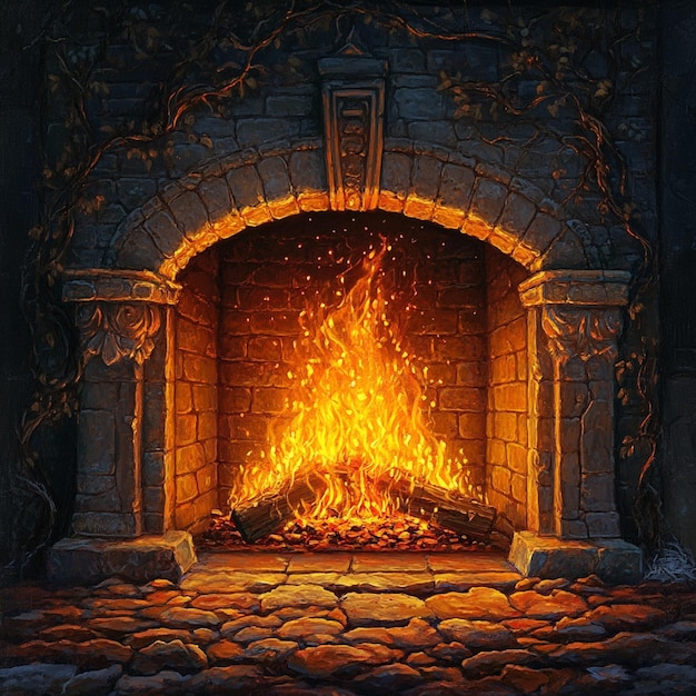 A fireplace casting a warm glow with glowing embers