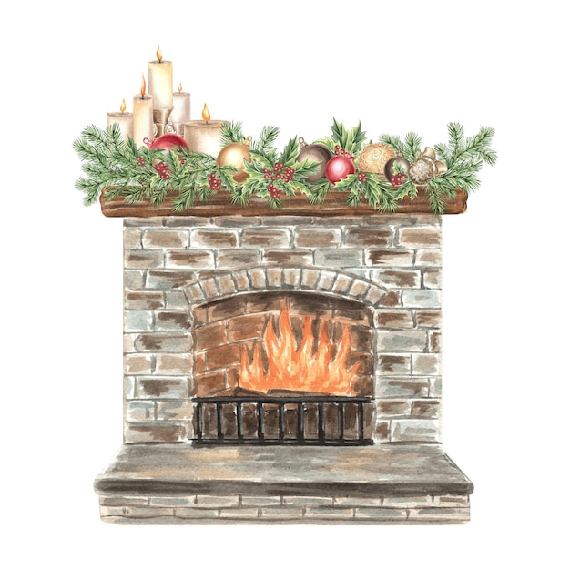 Fireplace christmas decorated vintage candles with balls and holly on pine branch hand