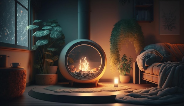 A fireplace in a dark room with a plant in the corner.