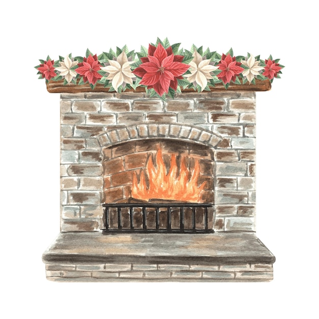 Fireplace decorated vintage poinsettia red and white flowers christmas star winter plant