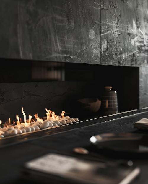 Fireplace flames flickering over stones in a dark modern interior cozy warmth