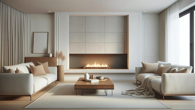 The fireplace is surrounded by a white wall with copy space