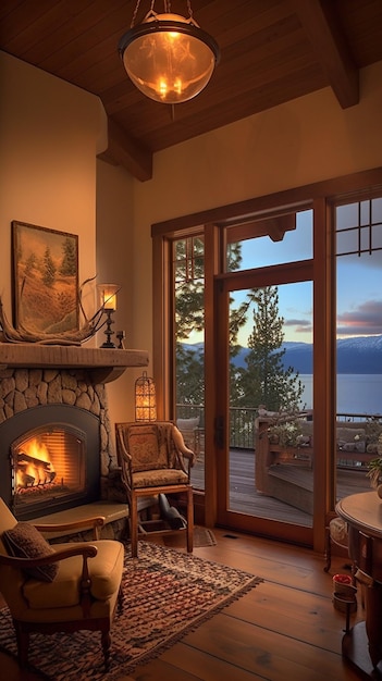 A fireplace in a living room with a view of lake tahoe.