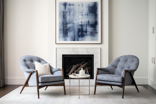 a fireplace and two chairs in a living room