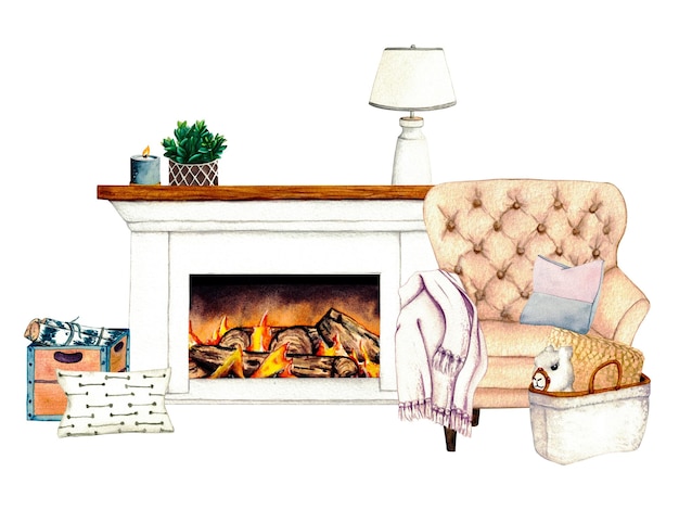 Fireplace Watercolor illustration interior of living room with sofa pillows decor Clipart Home decor elements on a white background Wicker basket Toy lama furniture