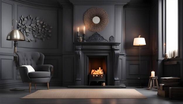 a fireplace with a black mantle and a lamp on it