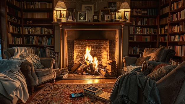 a fireplace with a book on the floor and a book on the floor