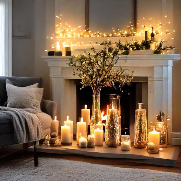 a fireplace with a bunch of candles on it and a couch with a vase of flowers on it