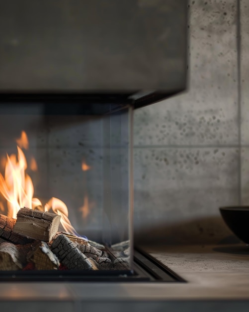 Fireplace with burning flames in a contemporary dark room minimalistic warmth