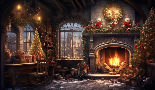 Fireplace with christmas decorations AI generated