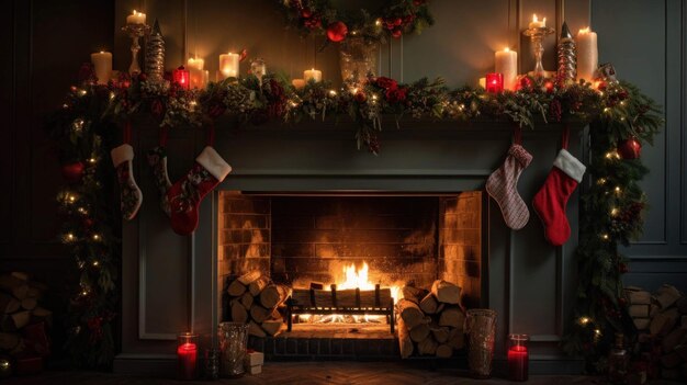 a fireplace with christmas decorations and candles