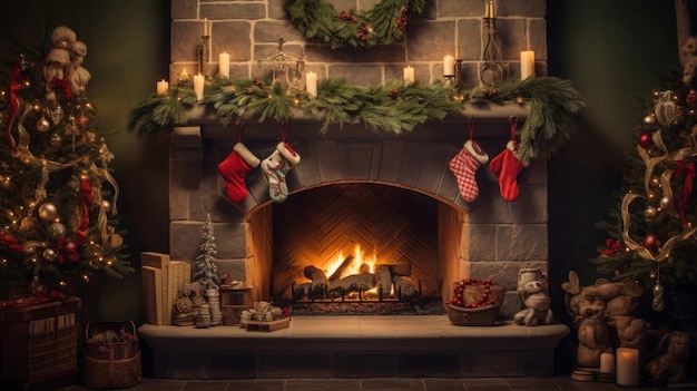 a fireplace with christmas decorations and candles