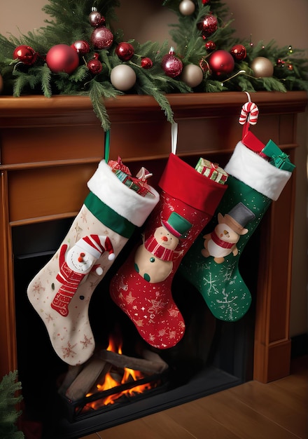 a fireplace with a christmas stockings hanging on it