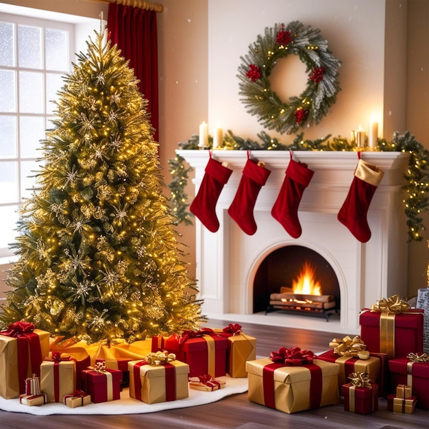 a fireplace with a christmas tree and presents around it