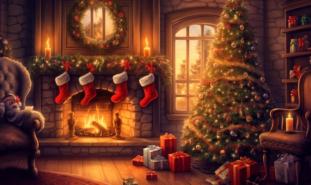 Fireplace with christmas tree and presents in front of it generative ai