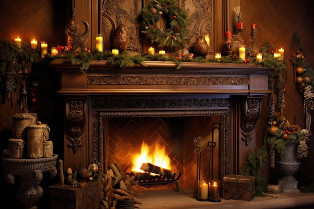 Fireplace with festive holiday decorations and candles created with generative ai