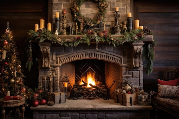 Fireplace with festive holiday decorations