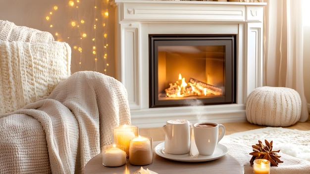 Photo a fireplace with a fire in the background and a cup of coffee and a cup of coffee