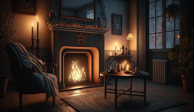 A fireplace with a fire burning in the corner