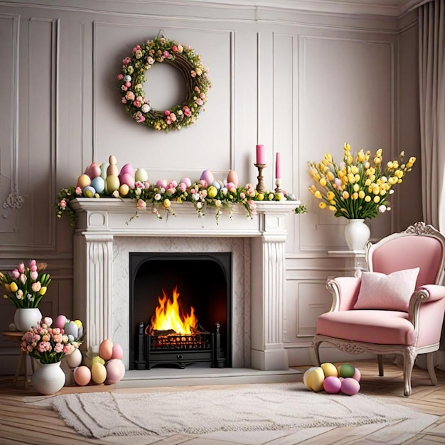 a fireplace with a fire in the center and flowers on the mantle