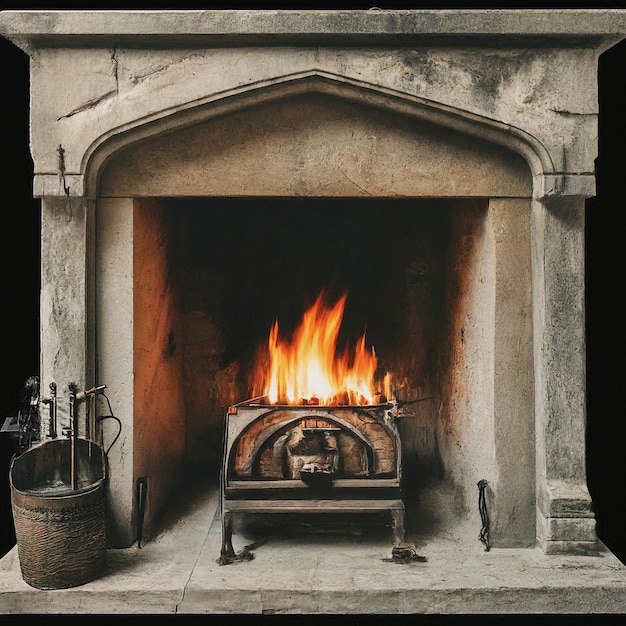 Photo a fireplace with a fire in it and a basket on the front