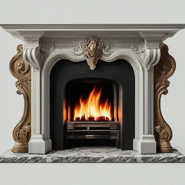 Photo a fireplace with a fire in it and a fireplace with a fire in it