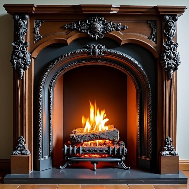 Photo a fireplace with a fire in it and a wooden frame