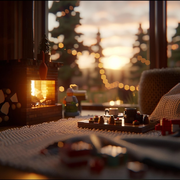 Photo a fireplace with a fire place and a toy set with a fire place in the background