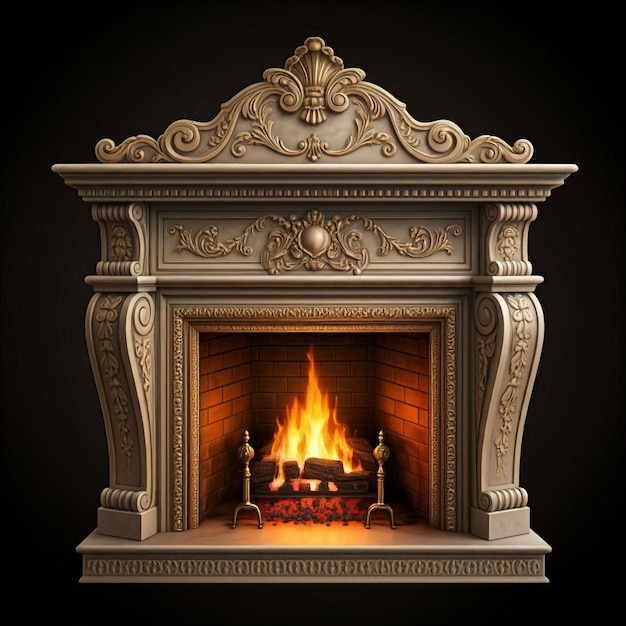 a fireplace with a fireplace that has a picture of a fire