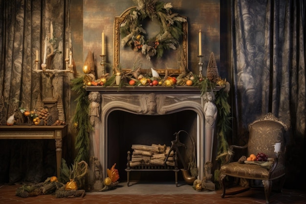 Fireplace with holiday decorations and stockings created with generative ai