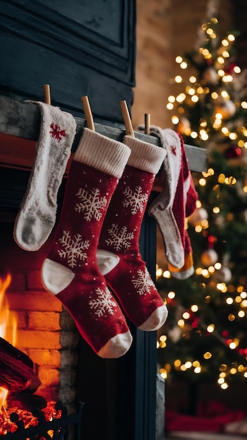 Fireplace with red socks hanging and a christmas tree