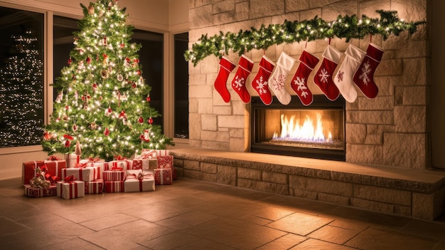 A fireplace with stockings hanging from it and a christmas tree AI