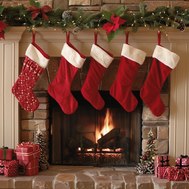 Photo a fireplace with stockings hanging over it and a fireplace with a fireplace in the background