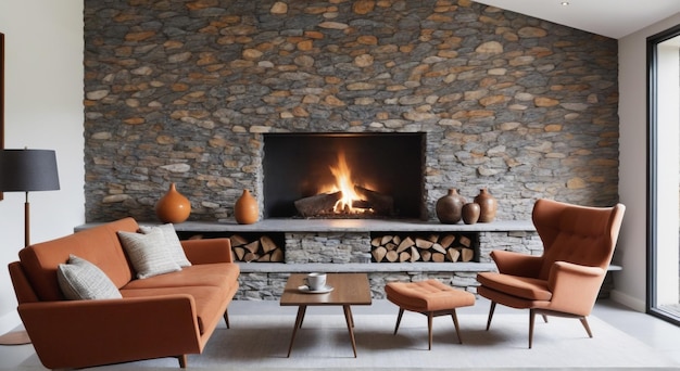 a fireplace with a stone fireplace and a chair and a fireplace with a stone fireplace