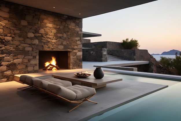 a fireplace with a stone fireplace and a stone fireplace