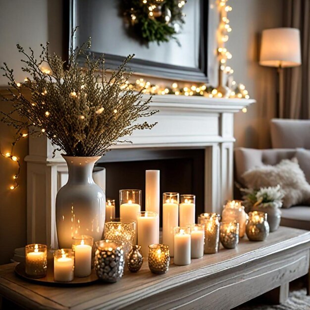 a fireplace with a wreath on it and a vase with flowers on it