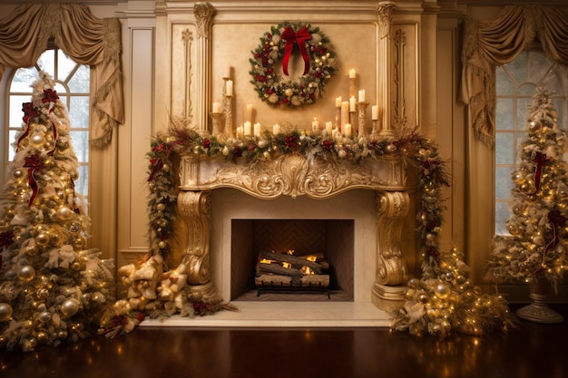 A fireplace with a wreath on the mantle and a wreath on the fireplace.