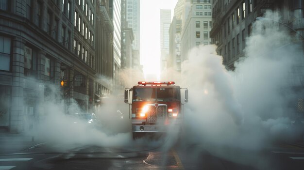 Firetruck emerges from misty city street urgency amidst urban calm