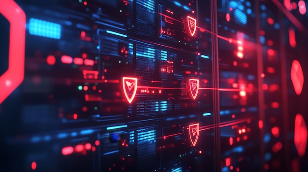 Photo a firewall protecting a computer system from a barrage of cyber threats represented by glowing shields and blocked red lines