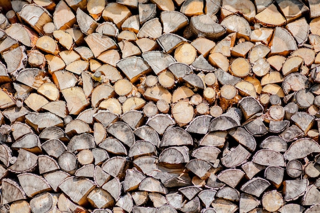 Firewood background, wall firewood, background of dry chopped firewood logs in a pile.