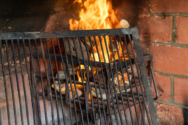 Firewood burning fire flames on an Argentinean barbecue