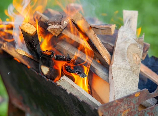 The firewood in the grill burns with a bright orange flame of fire on a natural green background. Preparation for cooking meat on the grill in nature. Fire flames and smoke