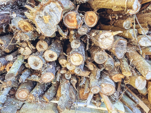 Firewood neatly stacked in rows chopped boards for kindling the stove in the village texture