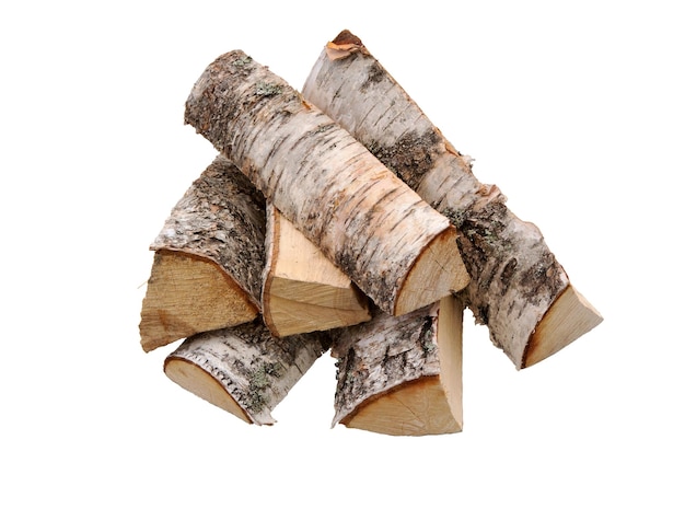 Firewood Pile of firewood isolated on a white background Logs of birch fire wood Clipping Path