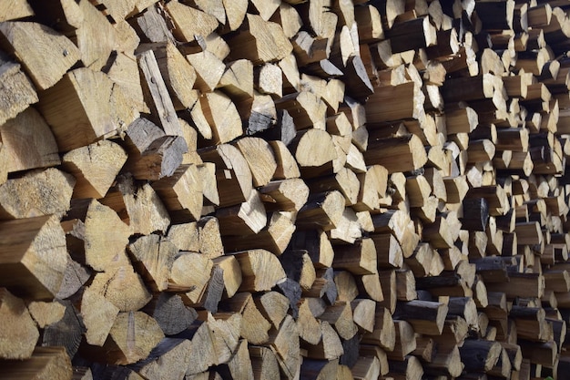 Firewood stacked near the wall closeup