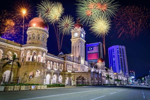 Firework over Merdeka Square in downtown Kuala Lumpur at night in Malaysia