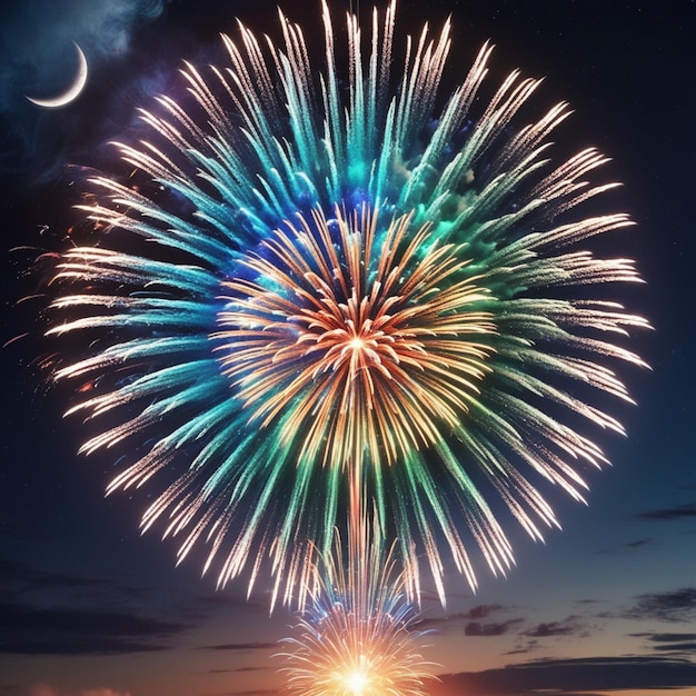 Photo fireworks are being lit up in the night sky with a moon in the sky